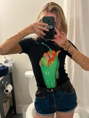 Adam Selman Graphic Tee with Green Slime Hand Print